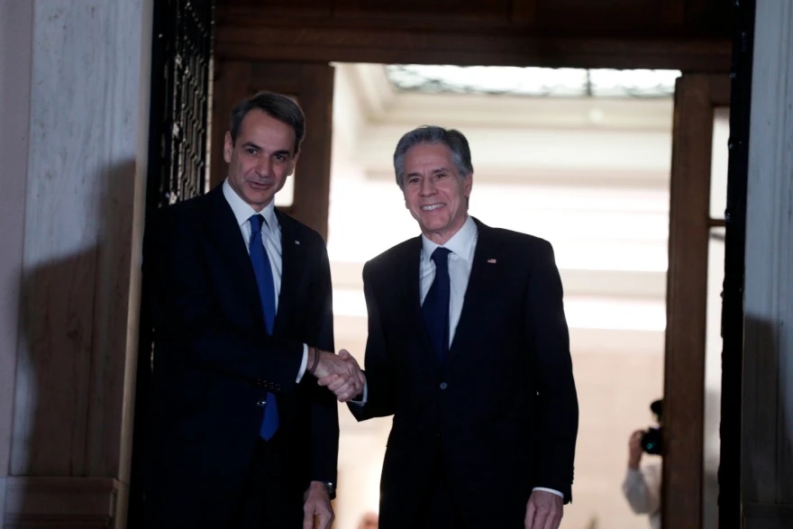 Greek Prime Minister Kyriakos Mitsotakis and US Secretary of State Antony Blinken on February 20, 2023.