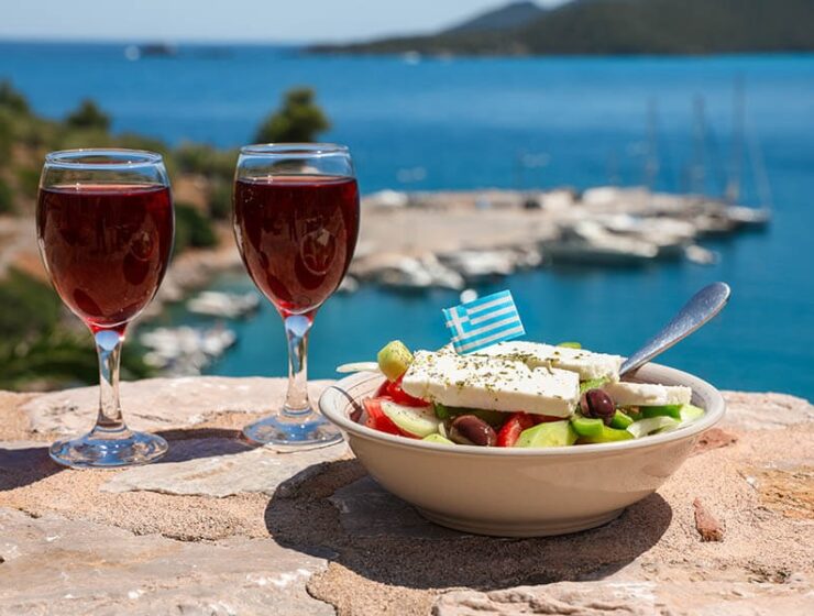 greek wine greek salad greece beach view