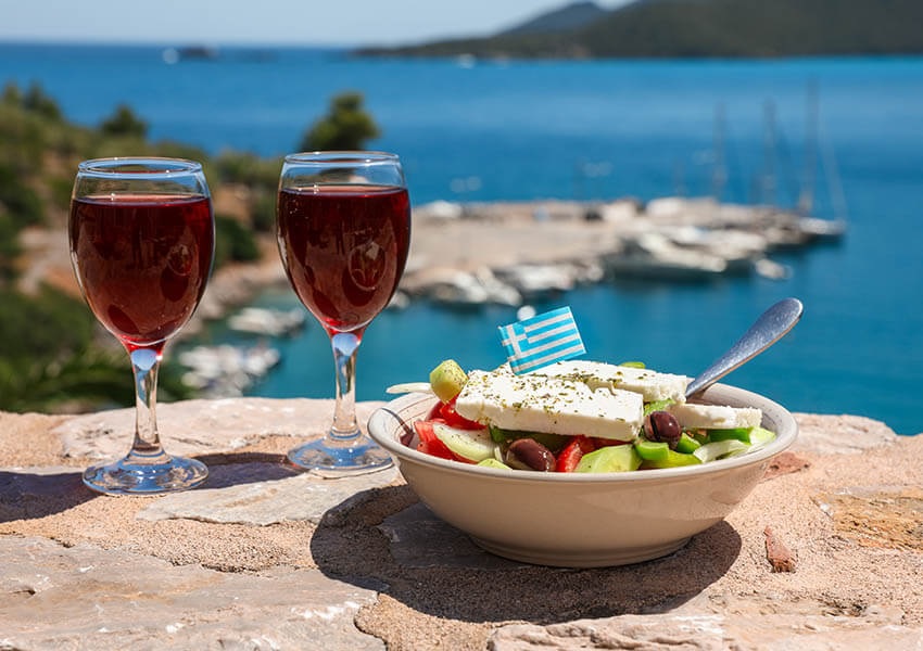 greek wine greek salad greece beach view