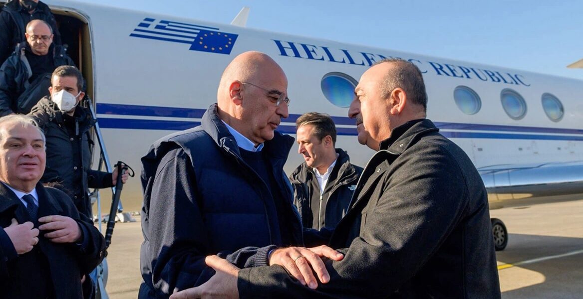 turkey Greek Foreign Minister Nikos Dendias and Turkish Foreign Minister Mevlut Cavusoglu train collision