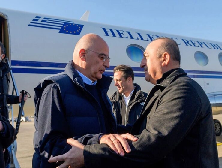 turkey Greek Foreign Minister Nikos Dendias and Turkish Foreign Minister Mevlut Cavusoglu train collision