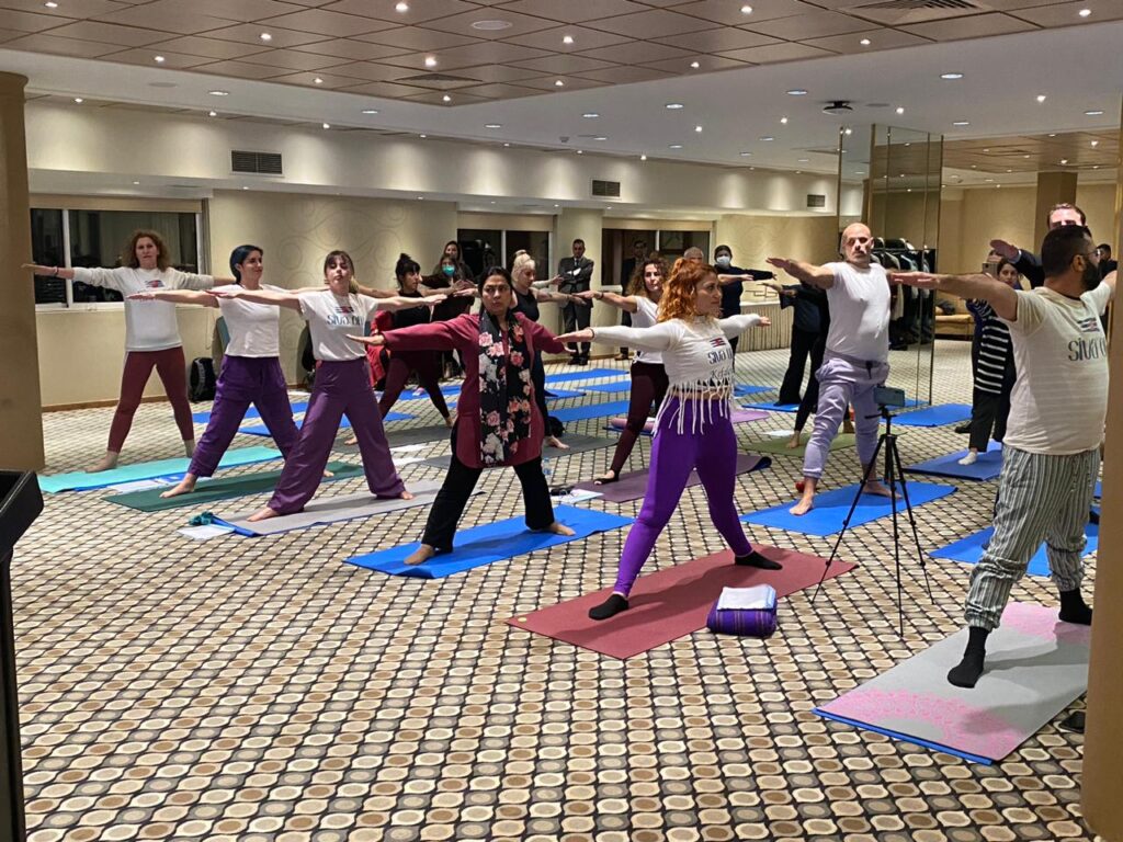 Meenakashi Lekhi performing yoga in Athens - January 30, 2023.