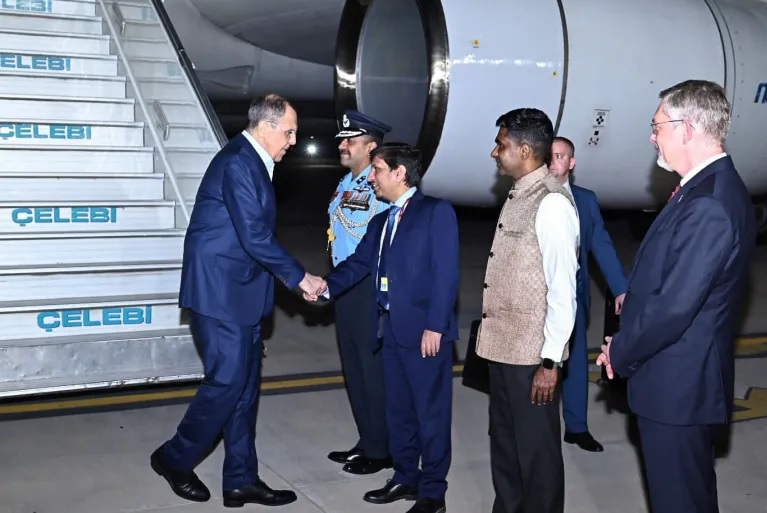 Russian Foreign Minister Sergey Lavrov arrived in India on Tuesday for the G20 Foreign Ministers' Meeting. (Credits: Twitter/Arindam Bagchi)