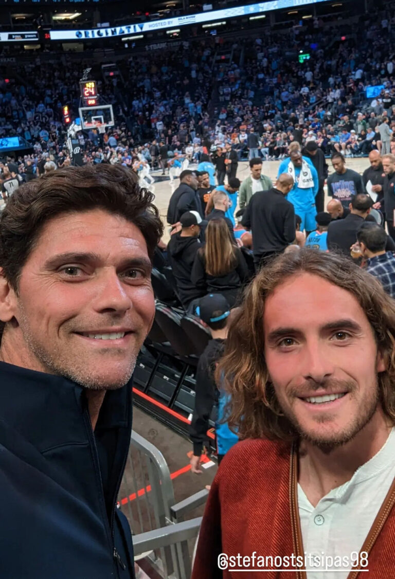 Tsitsipas and Mark Philippoussis drop in to see their mate Giannis Antetokounmpo play