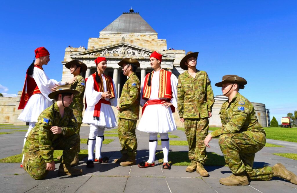 Hellenic RSL Sub Branch “Thirty Army Cadet Unit” at The Shrine of Remembrance, Melbourne, Victoria with Evzones from The Pammessinian Brotherhood, ‘Papaflessas’.
From Left Cody Morris (ground), Sotirios Mastrogiannopoulos, Tenzen Dao, Harris Tzimas, Lucian Bach, Sotirios Tsianakas, Richie Nguyen, Jason Marrone (ground) Photograph by Kostas Deves
