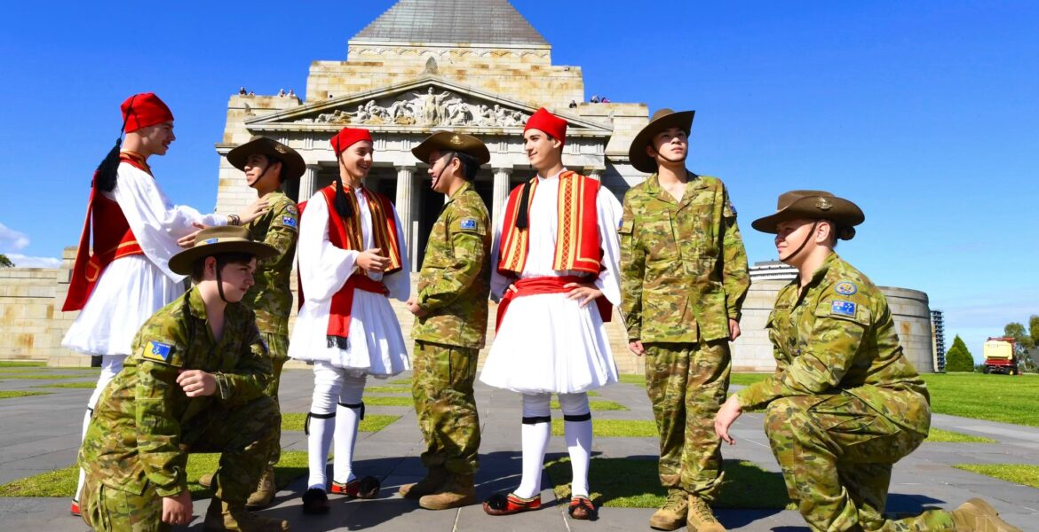 Hellenic RSL Sub Branch “Thirty Army Cadet Unit” at The Shrine of Remembrance, Melbourne, Victoria with Evzones from The Pammessinian Brotherhood, ‘Papaflessas’. From Left Cody Morris (ground), Sotirios Mastrogiannopoulos, Tenzen Dao, Harris Tzimas, Lucian Bach, Sotirios Tsianakas, Richie Nguyen, Jason Marrone (ground) Photograph by Kostas Deves