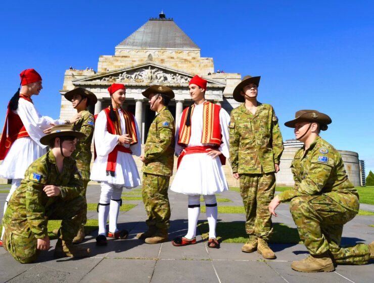 Hellenic RSL Sub Branch “Thirty Army Cadet Unit” at The Shrine of Remembrance, Melbourne, Victoria with Evzones from The Pammessinian Brotherhood, ‘Papaflessas’. From Left Cody Morris (ground), Sotirios Mastrogiannopoulos, Tenzen Dao, Harris Tzimas, Lucian Bach, Sotirios Tsianakas, Richie Nguyen, Jason Marrone (ground) Photograph by Kostas Deves