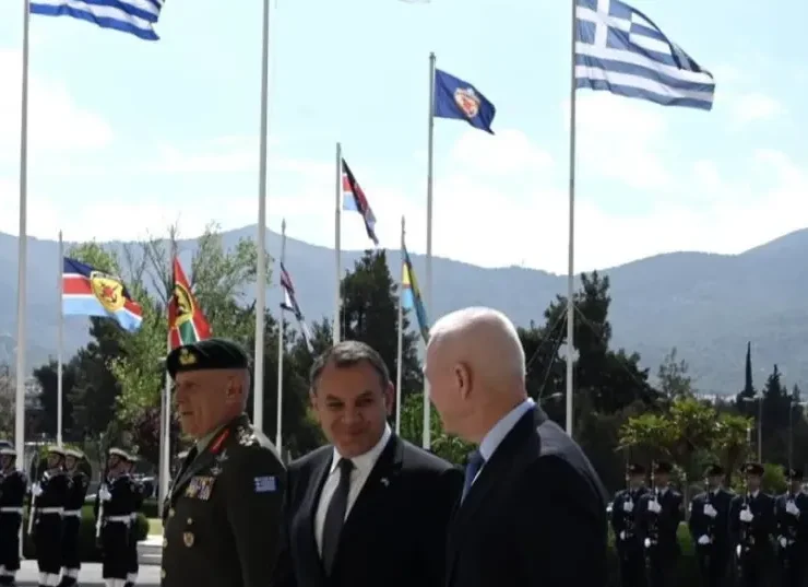 Defense Minister Yoav Gallant meets with Greek defense officials, May 2023 (photo credit: ARIEL HERMONI/DEFENSE MINISTRY)