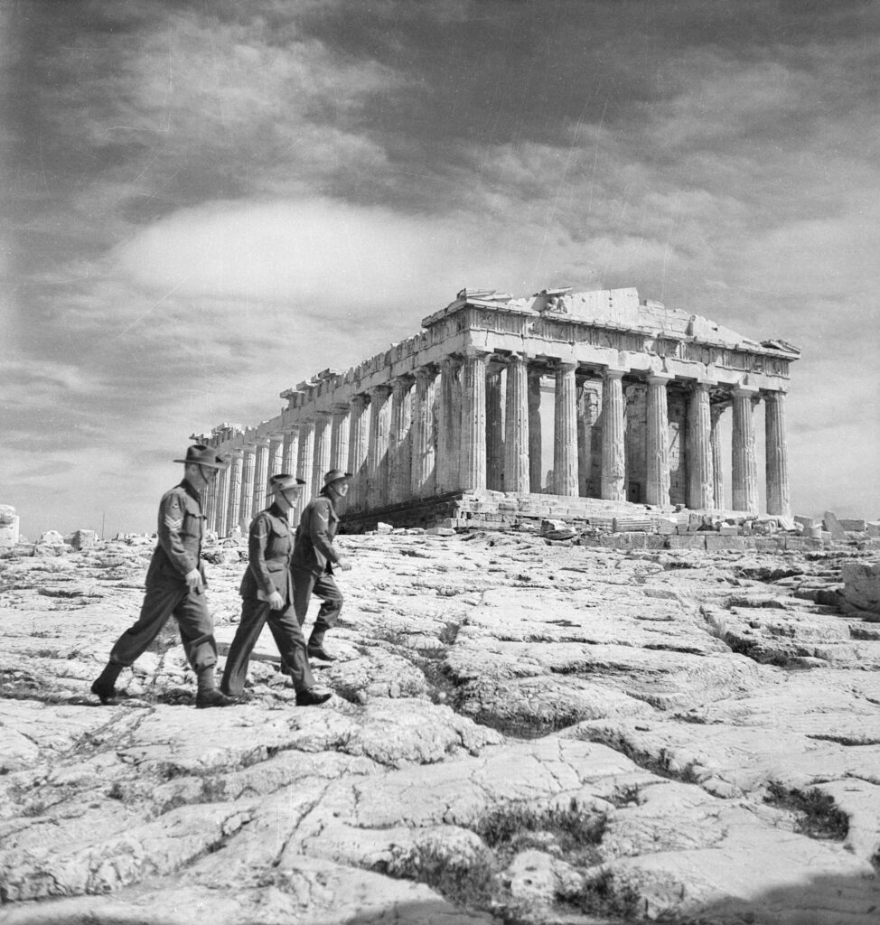 Photo 4 Historic photo of Anzacs walking in front of the Parthenon taken by G. Silk in 1941. Photo courtesy of Australian War Memorial
