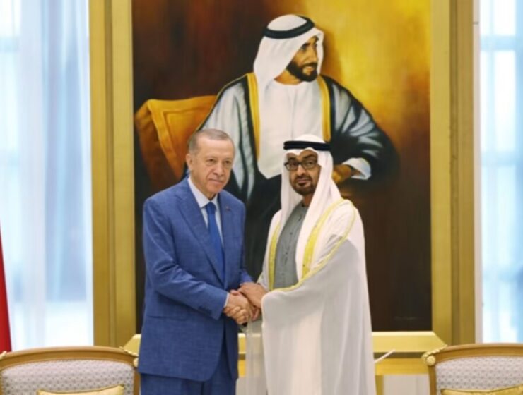United Arab Emirates President Sheikh Mohamed bin Zayed Al Nahyan, right, welcomes Turkish President Recep Tayyip Erdogan in Abu Dhabi on July 19. (Photo courtesy of the Presidency of Republic of Turkey)