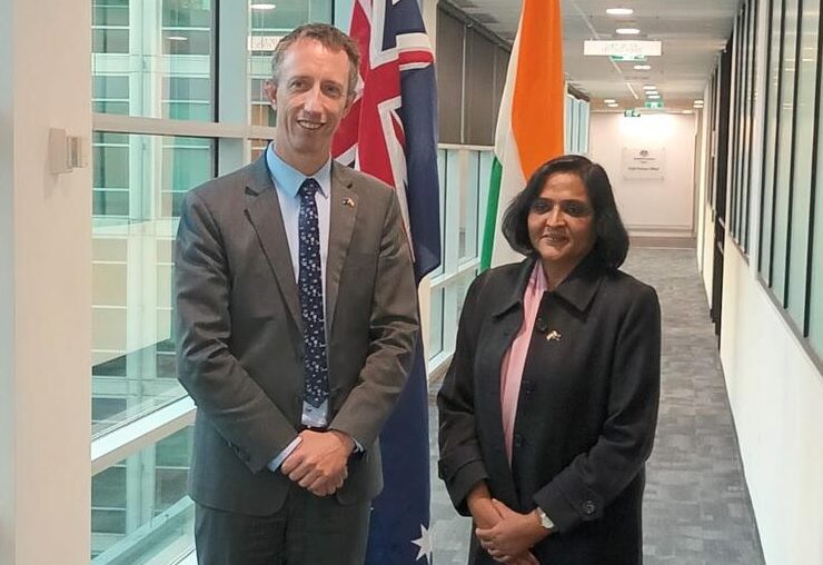 Australian Acting Deputy Secretary Steven Moore and Indian Special Secretary Nivedita Shukla Verma