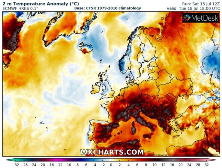 heatwave europe heat dome spain italy greece summer 2023 2m temperature anomaly tuesday
