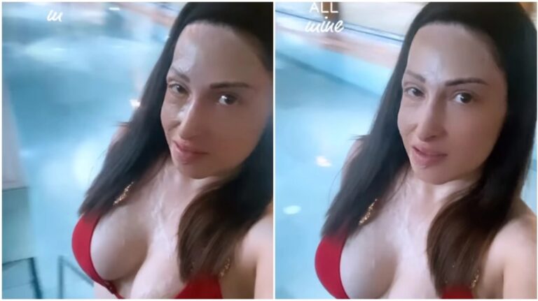 Joanna Paliospirou in a stunning red bikini in the pool - Watch the video