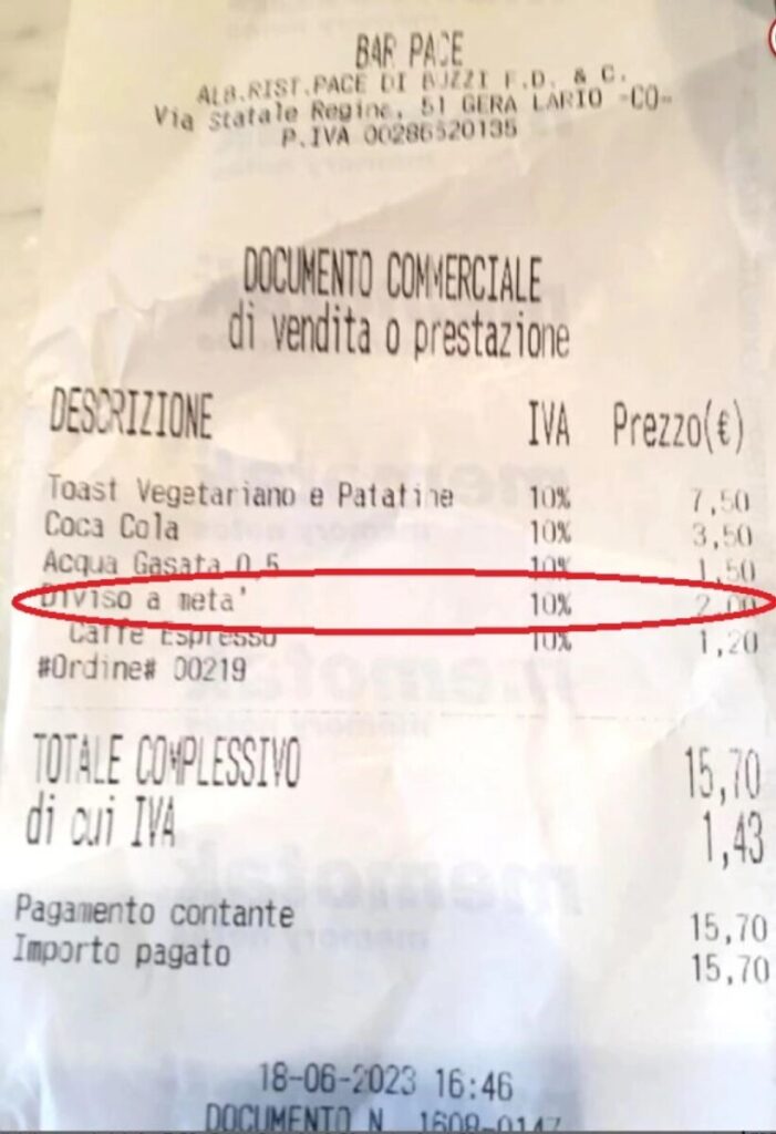 The receipt shows the cost: Sandwich €7.50, Coca Cola €3.50, water €1.50 and espresso €1.20, along with the controversial "diviso da meta" or "cut in half" charge, with charge 2 euros.