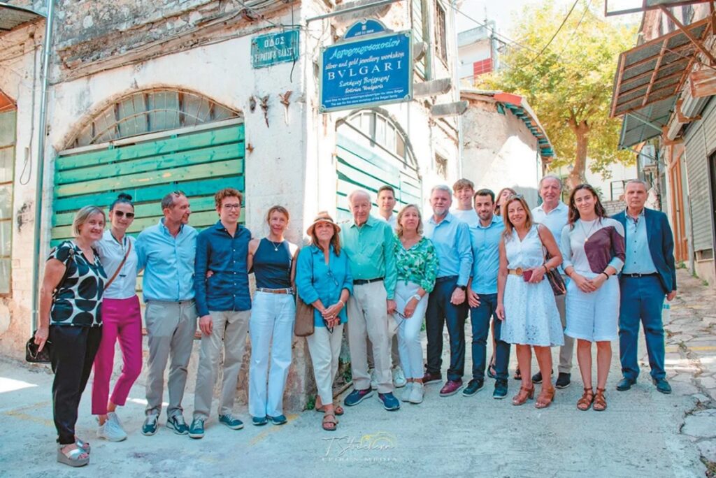 The members of the Bulgari family are photographed in front of the first silversmith founded in 1870 in Paramythia, Thesprotia