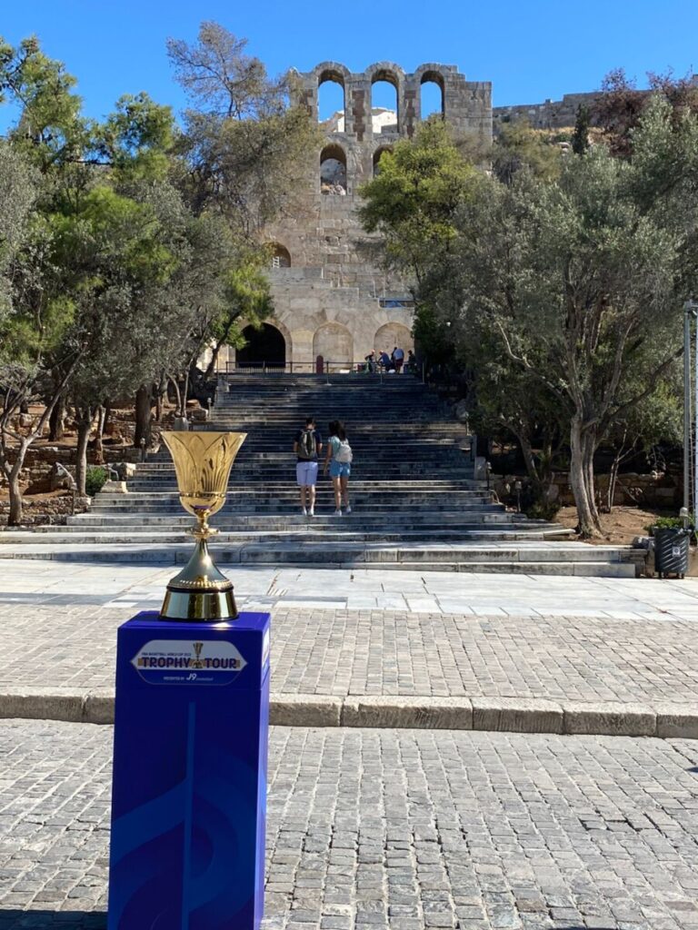The 2023 FIBA Basketball World Cup trophy at the Odeon of Herodes Atticus theatre on August 9, 2023.