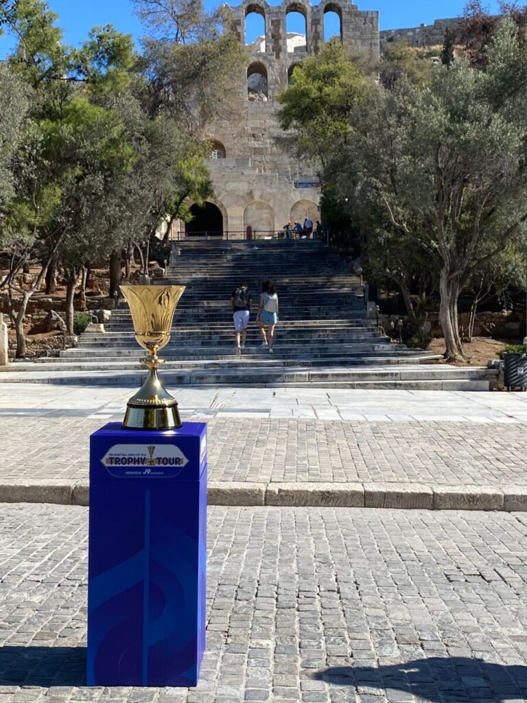 The 2023 FIBA Basketball World Cup trophy at the Odeon of Herodes Atticus theatre on August 9, 2023.