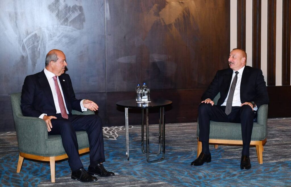 Turkish Cypriot leader Ersin Tatar meeting with Azerbaijani President Ilham Aliyev in Turkey in 2022.