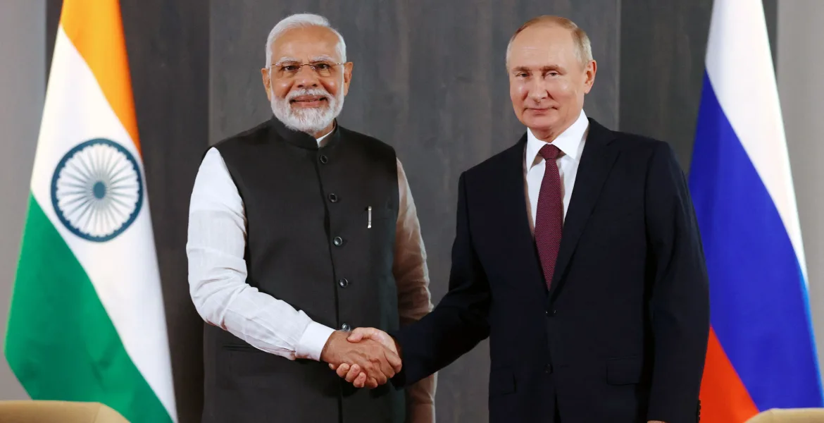 Russian President Vladimir Putin and Indian Prime Minister Narendra Modi Russian Indian flags