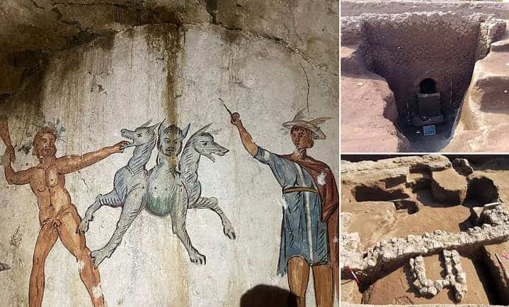 A sealed tomb featuring a fresco of Cerberus
