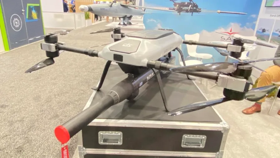 SARISA SRS-1A quadcopter equipped with a rocket launcher displayed at AUSA (Photo by Agnes Helou/ Breaking Defense)
