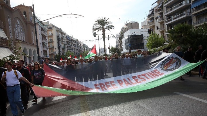 Protest in Athens to support Palestinians and demand an end to the bloodshed in Gaza
