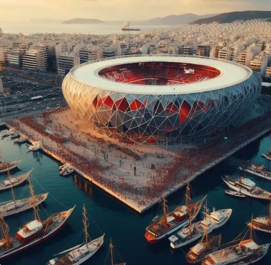 The stadium of Olympiacos is on the port of Piraeus