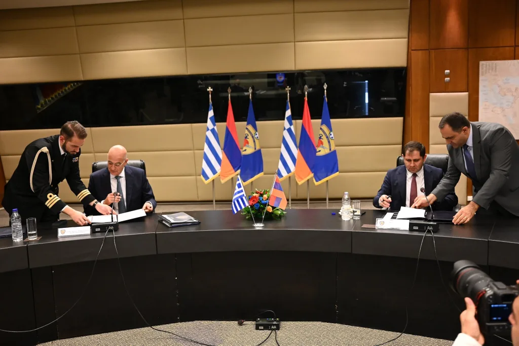 Greek Minister of National Defence Nikos Dendias met with his visiting counterpart of Armenia Suren Papikyan on December 14, 2023