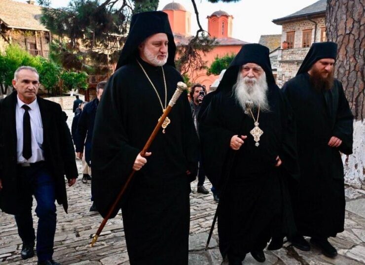 Archbishop of America arrives at the Xenophontos Monastery at Mount Athos