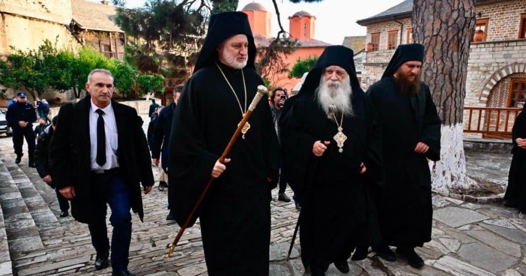 Archbishop of America arrives at the Xenophontos Monastery at Mount Athos