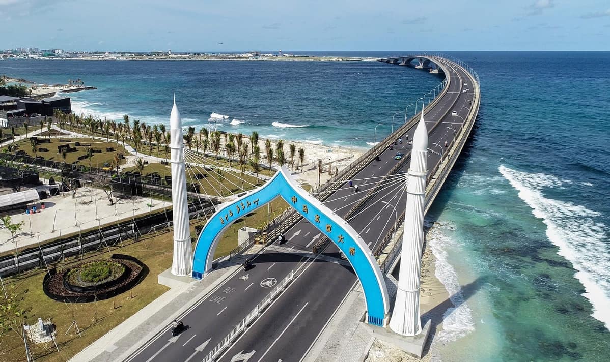 Aerial photo taken on Sept 1, 2019 shows the China-Maldives Friendship Bridge in the Maldives.