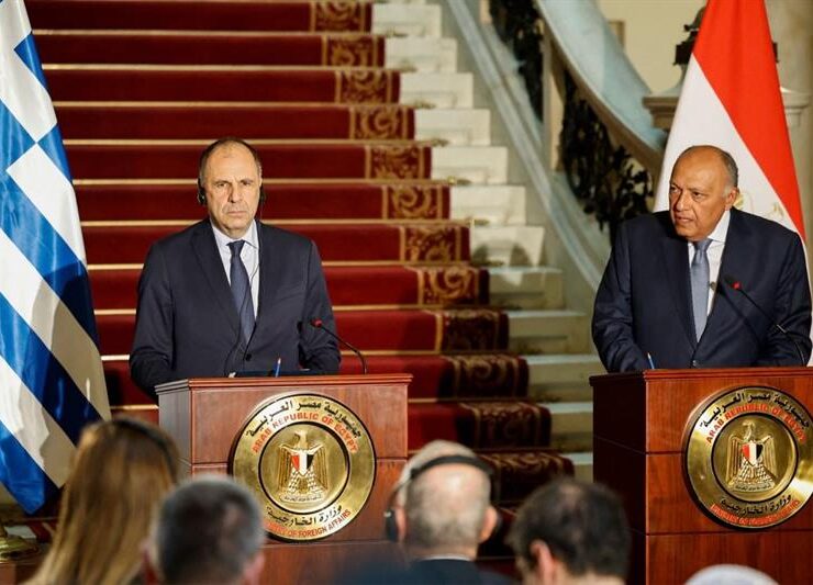 Egyptian Foreign Minister Sameh Shoukry holds a press conference with his Greek counterpart George Gerapetritis in Cairo, 17 January 2024