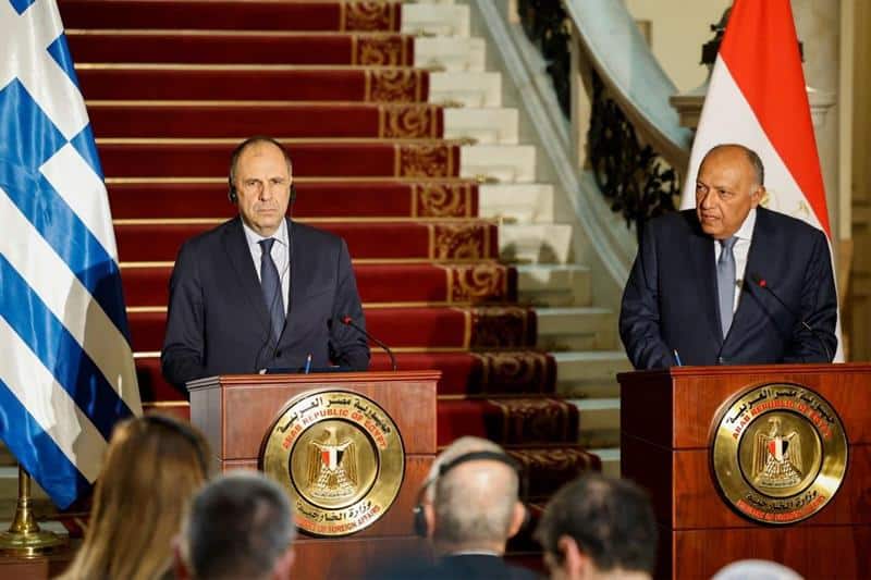 Egyptian Foreign Minister Sameh Shoukry holds a press conference with his Greek counterpart George Gerapetritis in Cairo, 17 January 2024