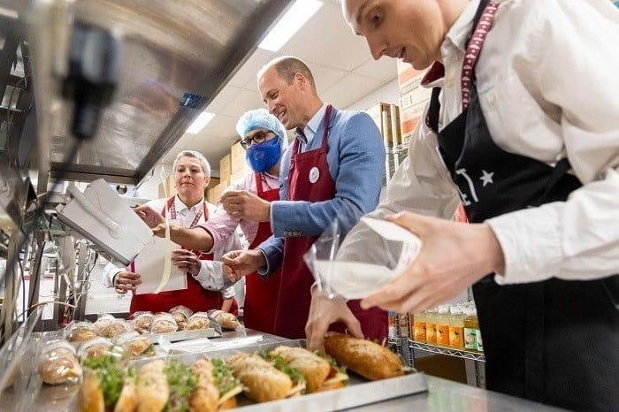 Prince William at a Pret A Manger store in the United Kingdom as part of a campaign to support the homeless