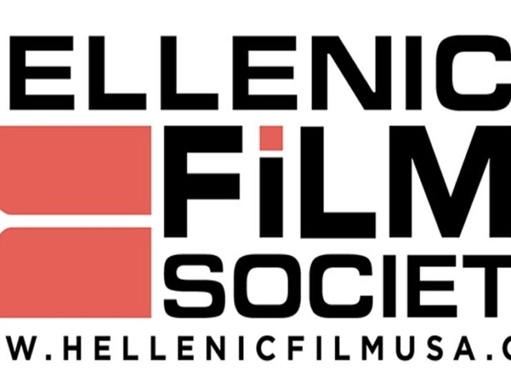 Red white and black image with a film strip - logo of Hellenic Film Society USA
