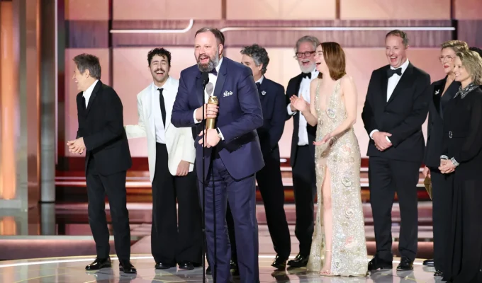 Willem Dafoe, Ramy Youssef, Yorgos Lanthimos, Mark Ruffalo, Tony McNamara, Emma Stone and Andrew Lowe accept the award for Best Motion Picture – Musical or Comedy for “Poor Things” at the 81st Golden Globe Awards held at the Beverly Hilton Hotel on January 7, 2024 in Beverly Hills, California. RICH POLK/GOLDEN GLOBES 2024