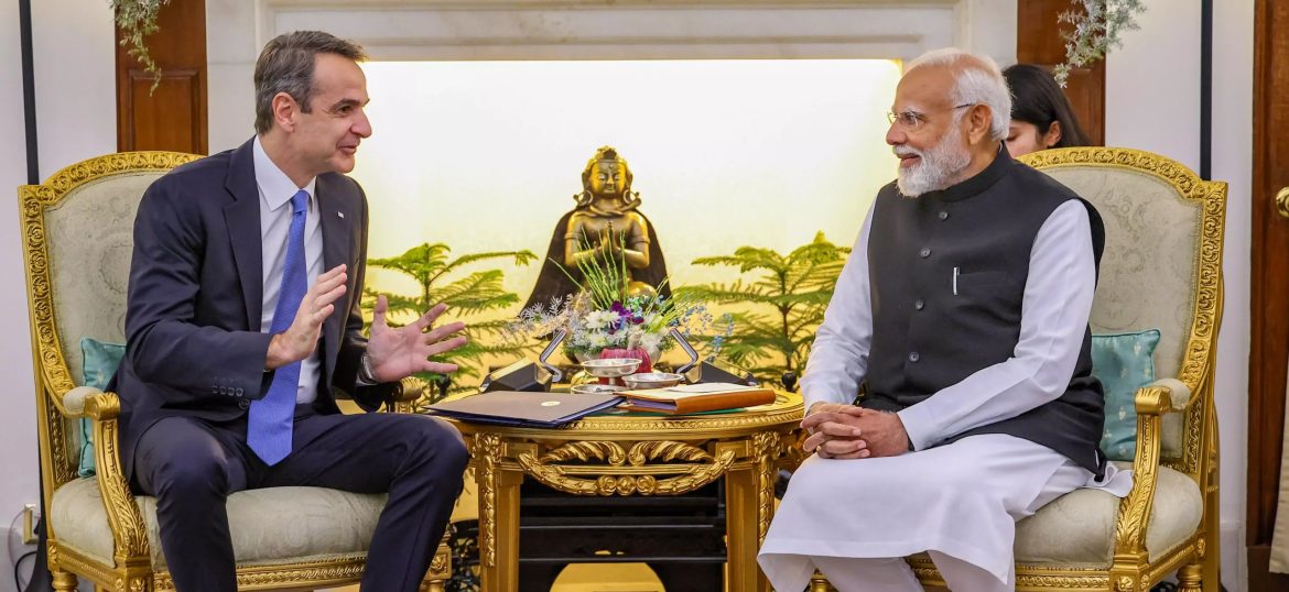 Prime Minister Narendra Modi with his Greek counterpart Kyriakos Mitsotakis who is on a two-day Indi