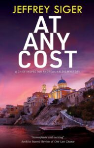 Book cover for At Any Cost by Jeffrey Siger. Image of a purple, pink and orange sunset over a Greek island.