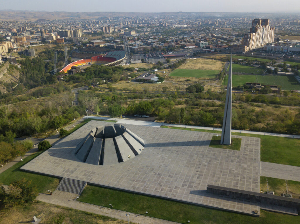 Genocide Memorial complex from air on a sunny day September 2017