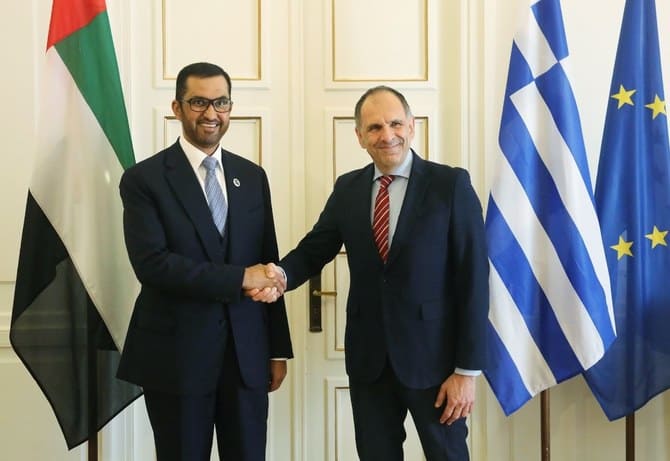 Greek Prime Minister Kyriakos Mitsotakis and Sultan bin Ahmed Al-Jaber, the UAE’s minister of industry and advanced technology, and COP28 president. (WAM)