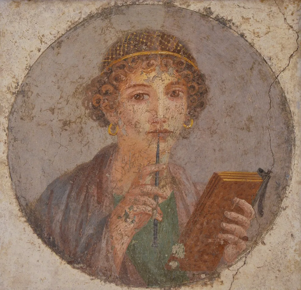 Fresco showing a woman so called Sappho holding writing implements from Pompeii Naples National Archaeological Museum 14842101892 1024x989 jpg