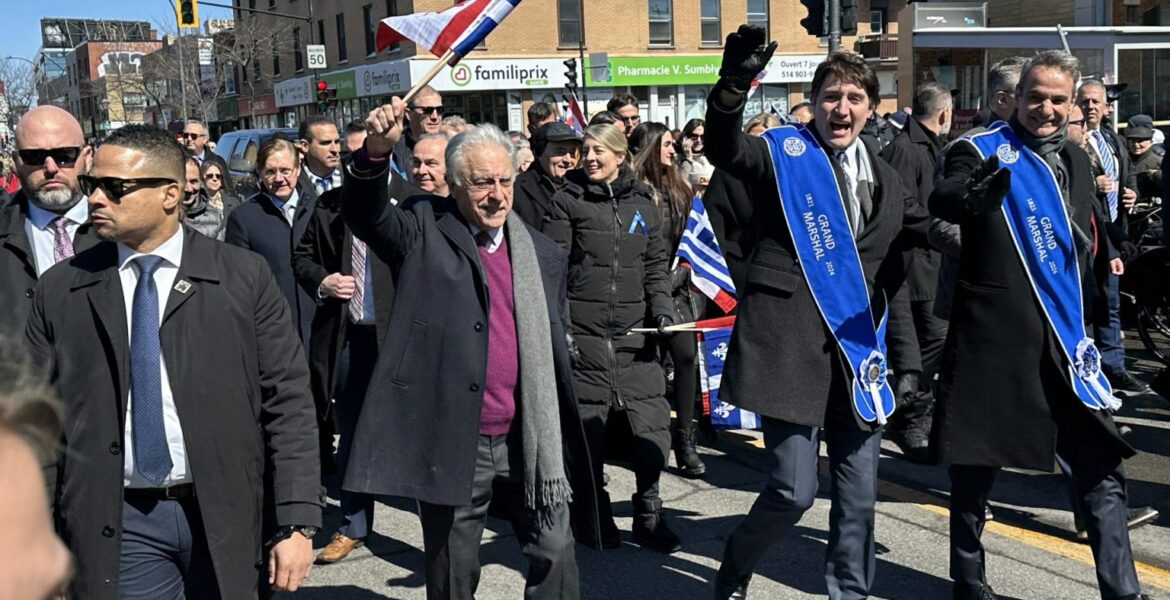 Prime minister of Greece, Kyriakos Mitsotakis (right), and Canadian Prime Minister Justin Trudeau at Montreal’s Greek Independence Day parade March 24, 2024. (Anastasia Dextrene, CityNews)