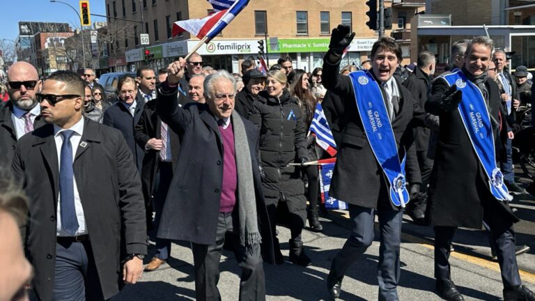 Prime minister of Greece, Kyriakos Mitsotakis (right), and Canadian Prime Minister Justin Trudeau at Montreal’s Greek Independence Day parade March 24, 2024. (Anastasia Dextrene, CityNews)