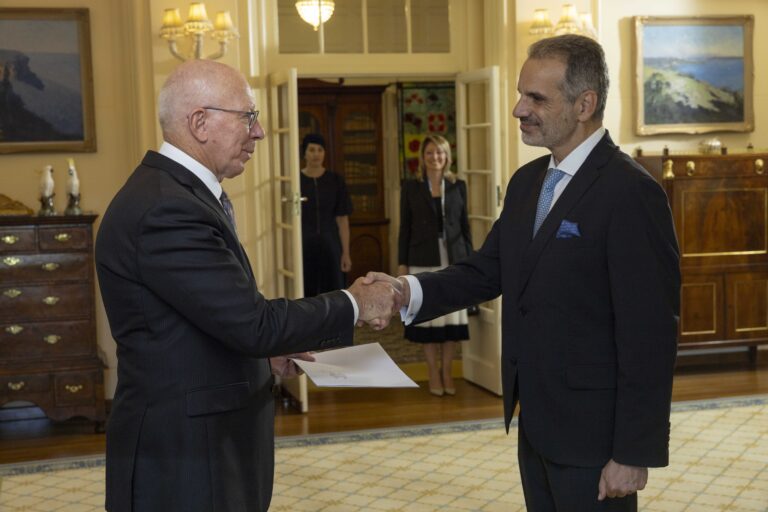Greek Ambassador to Australia Mr Stavros Venizelos presents credentials to Governor-General