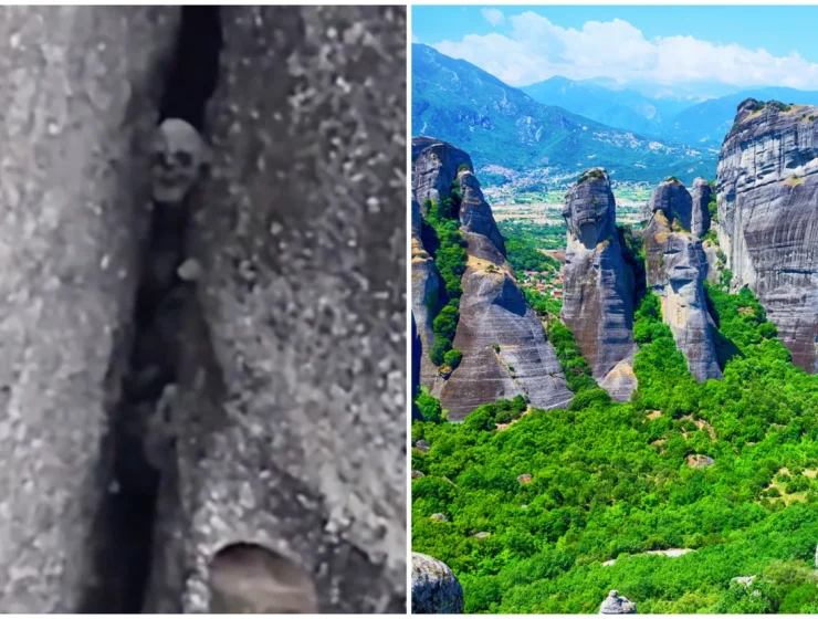 Was a giant skull found in the rock formations of Meteora, Greece?