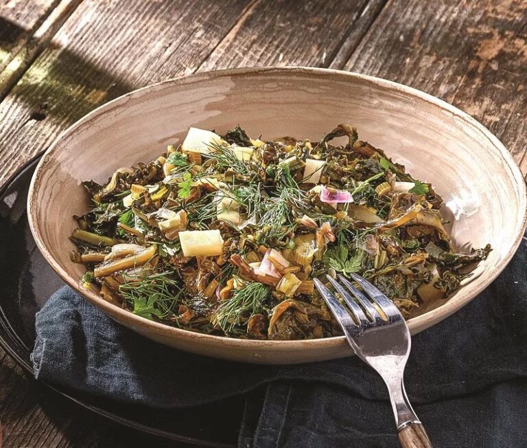 Wild greens simmered with olive oil and lemon