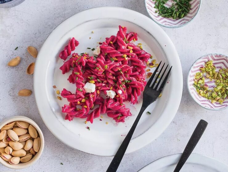 Pasta with feta cream and roasted beets