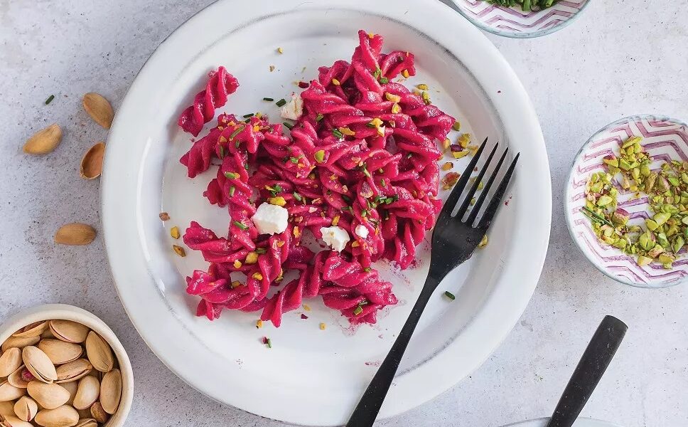 Pasta with feta cream and roasted beets