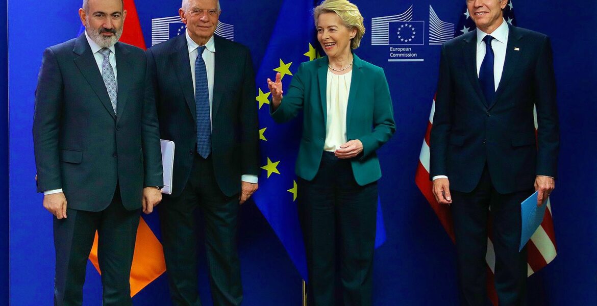 European Commission President Ursula von der Leyen, US Secretary of State Antony Blinken and EU foreign policy chief Josep Borrell listen to Armenian Prime Minister Nikol Pashinyan in Brussels, Belgium, Friday.