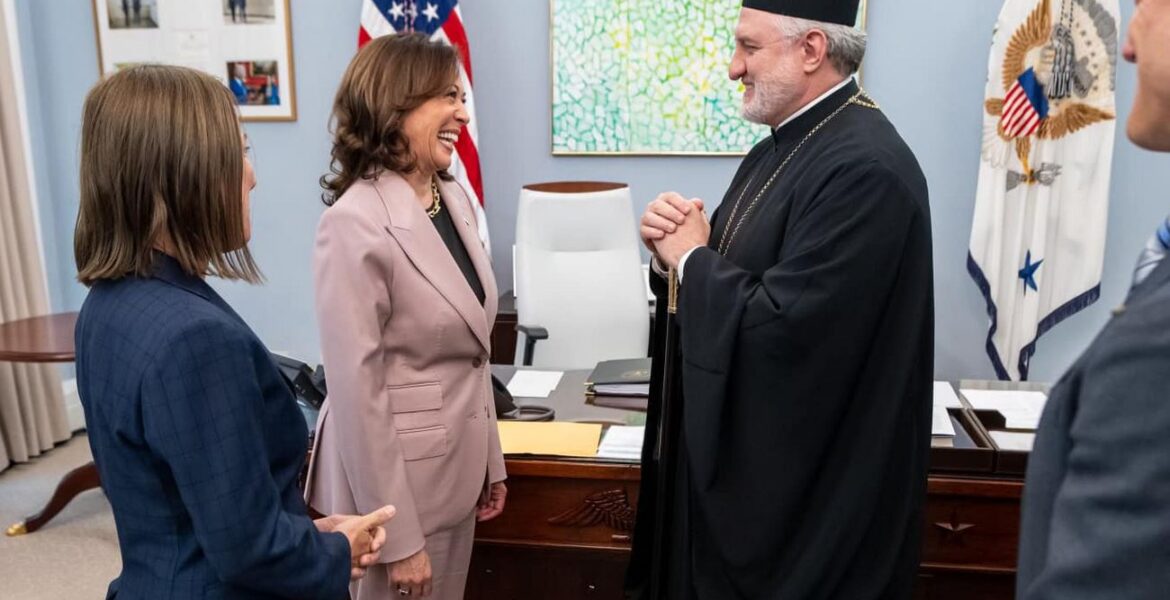 U.S. Vice President Kamala Harris met with Archbishop Elpidophoros of America and Greek-American leaders. Photo: Facebook